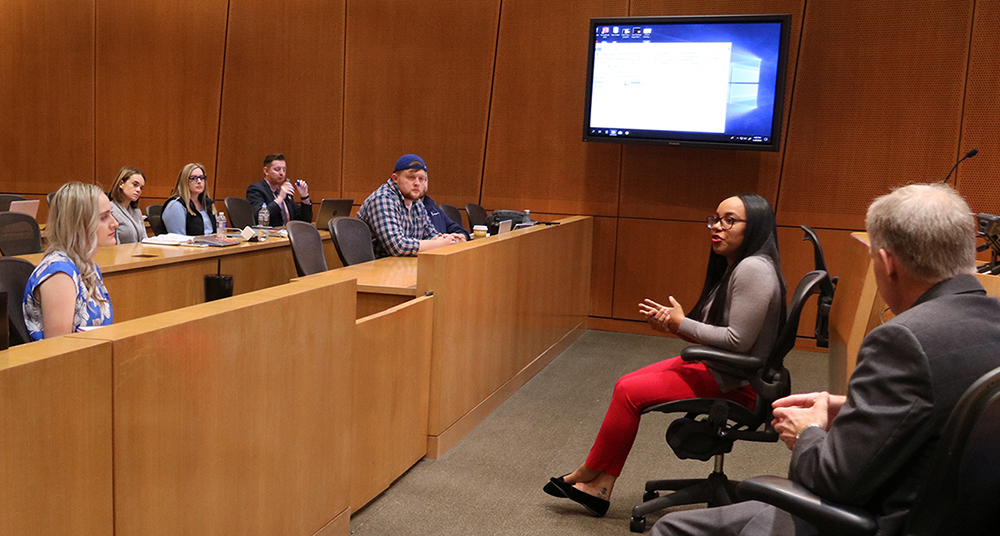 Teleicia Dambreville speaks during a spring 2019 labor law class at Penn State Law.