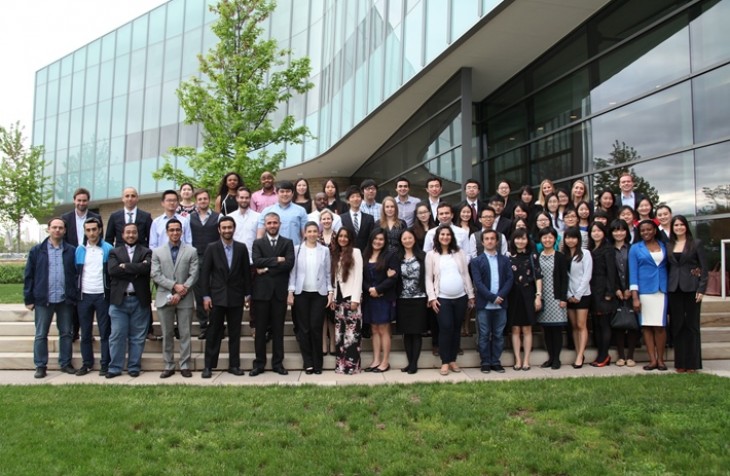 Spring 2014 LL.M. graduates are assembled on the steps of Lewis Katz Building in University Park, PA.