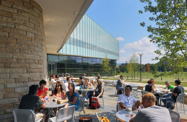Outdoor seating and study space at the Lewis Katz Building 