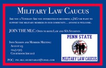 Flyer advertising the Military Law Caucus information session