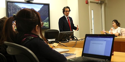 Iyadh Abid speaks during a spring 2019 class on human rights
