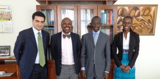 From L to R: Marco Ventoruzzo, Swithin Munyantwali, Vice Chairman of ILE-ACLE and project director, The Hon. Sam Rugege, Chief Justice of Rwanda, and Elizabeth Onyango, ILE-ACLE, Project Manager. 